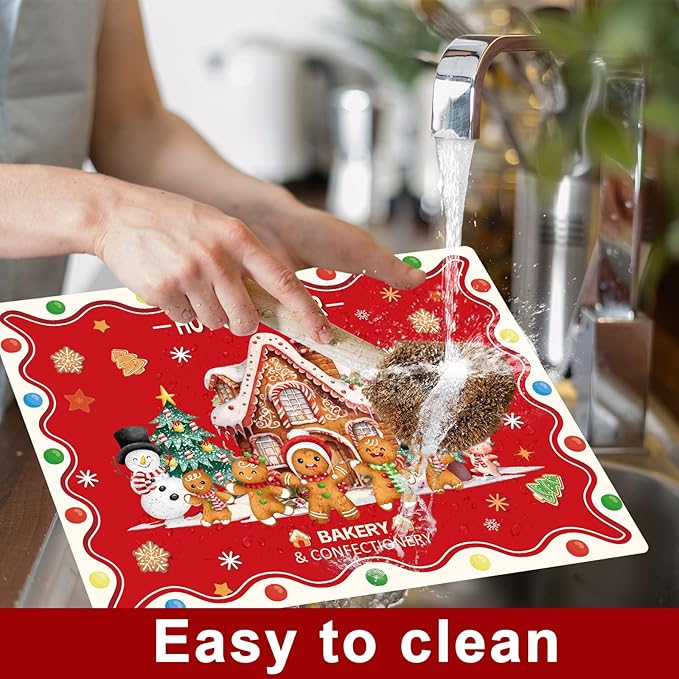 Christmas Placemats Set of 6 Christmas Retro Gingerbread Plastic Table Mats Xmas Bakery Gingerbread House Place Mats Winter Holiday Table Decoration for Indoor Outdoor Party Kitchen Dining