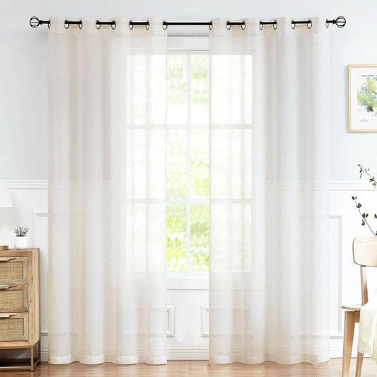FMFUNCTEX Linen Sheer Curtains for Bedroom, Beige Curtains 96 Inches Long Semi Sheer Draperies for Living Room, Natural Cream White Light Filtering Farmhouse Curtain, Grommet Top 2 Panels