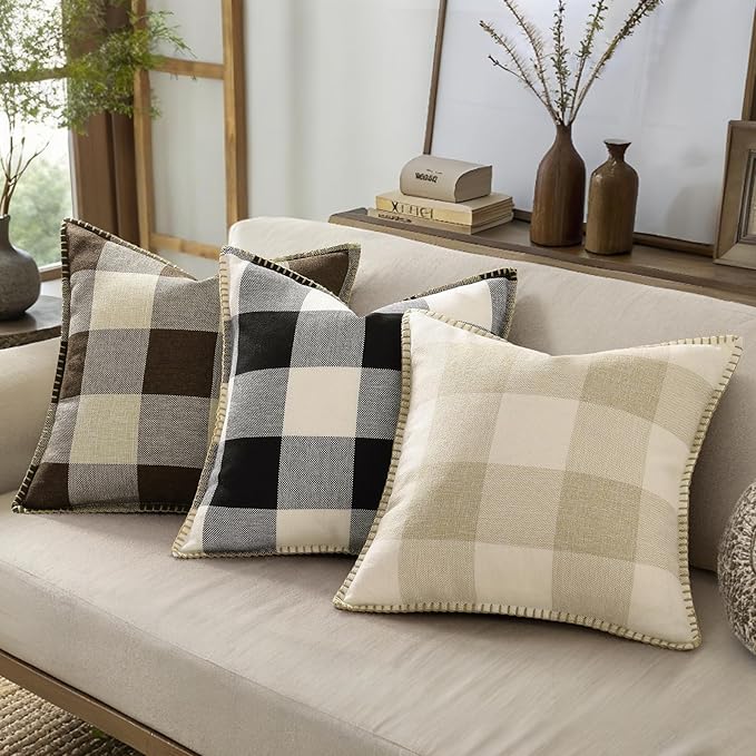 decorUhome Buffalo Plaid Check Throw Pillow Covers 16x16 Set of 2, Outdoor Decorative Farmhouse Neutral Pillow Covers with Stitched Edge for Bed Couch Sofa, Black and White
