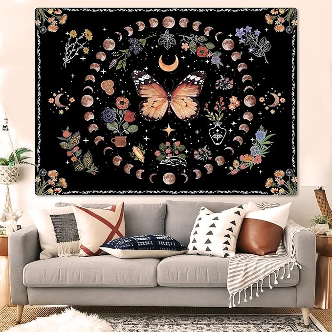 Fowocu Orange Butterfly Moon Flower Tapestry Boho Floral Plant Tapestries for Bedroom Aesthetic Tapastry's Wall Hanging Mandala Botanical Wall Tapestry for Living Room Dorm (Yellow, 80'' × 60'')