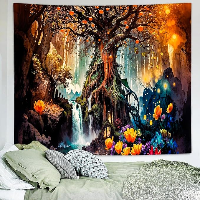 Delur Magical Forest Tapestry Fantasy Tree of Life Fairy Tale Enchanted Mystical Forest Tapestry Psychedelic Nature Landscape Wall Hanging Headboard for Bedroom Living Room Home Decor (70.8" x 92.5")
