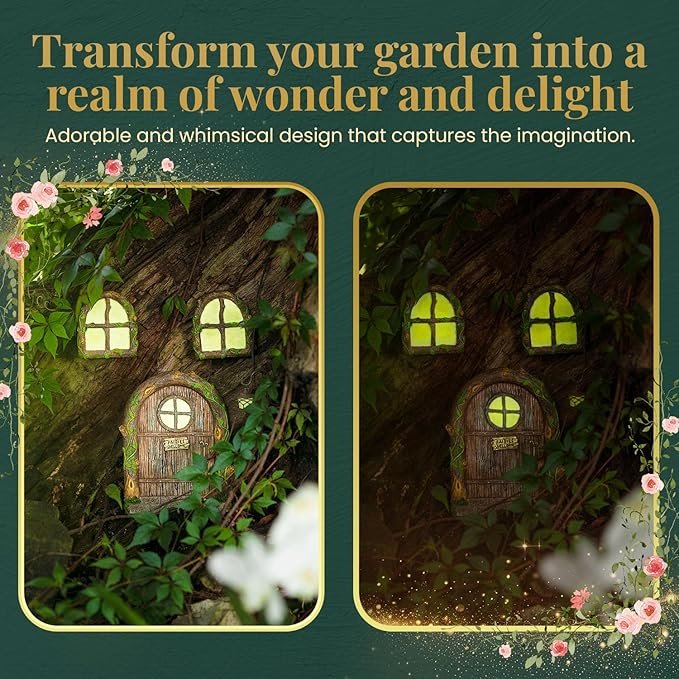 Fairy Door and Windows – Glow in The Dark Yard Art Sculpture Decoration for Kids Room, Wall and Trees Outdoor | Miniature Garden Outdoor Decor Accessories with Bonus Fairy Lantern