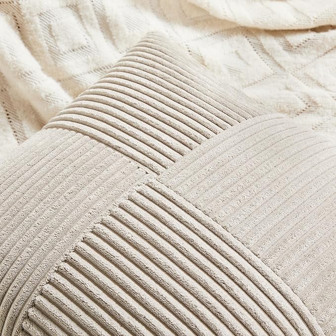 Fancy Homi 2 Packs Neutral Taupe Lumbar Decorative Throw Pillow Covers 14x24 Inch for Living Room Couch Bed Sofa, Farmhouse Home Decor, Soft Striped Corduroy Rectangle Accent Cushion Case 35x60 cm