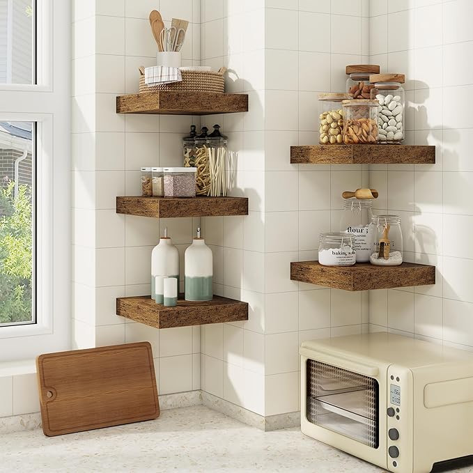 fuqing Floating Shelves for Wall, Bathroom Shelf Wall Mounted for Storage, Shelves with Invisible Bracket for Bedroom, Kitchen, Living Room, Farmhouse Small Book Shelf, 6.5 Inch Set of 3, Rustic Brown