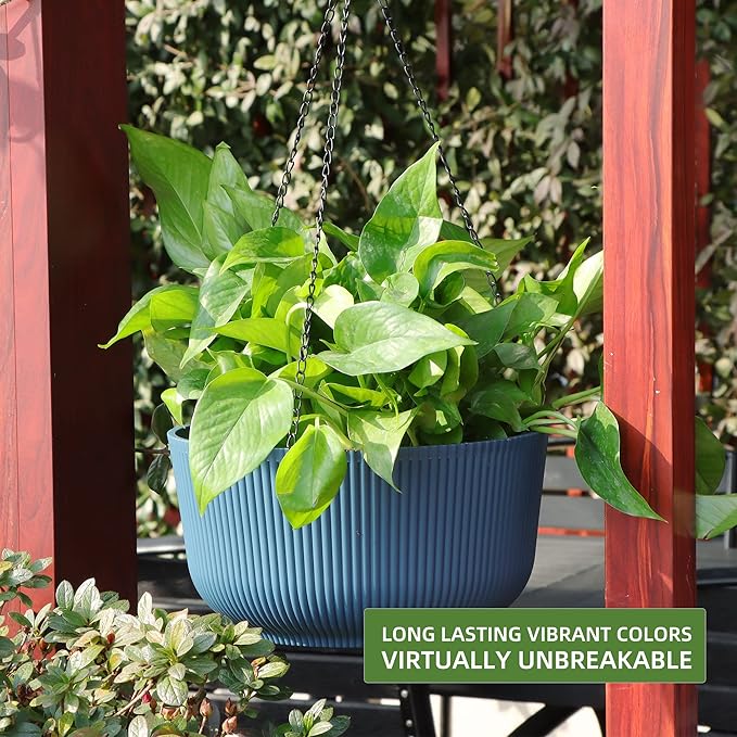 Dexceder 8.75 Inch Self Watering Hanging Planters Indoor Outdoor, Thickened Hanging Basket Flower Plant Pot (2 Pack, Deep Blue)