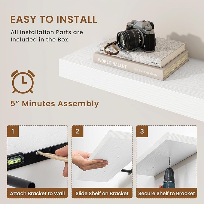 fuqing Floating Shelves for Wall, Bathroom Shelf Wall Mounted for Storage, Shelves with Invisible Bracket for Bedroom, Kitchen, Living Room, Farmhouse Small Book Shelf, 24 Inch Set of 2, White