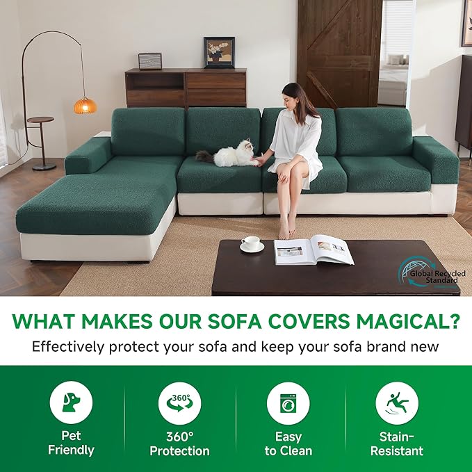 Couch Cushion Covers for Sectional Sofa, Stretch Soft Sofa Slipcovers Washable Wear-Resistant Universal Furniture Protector for Living Room(2 Seaters Covers+1 Chaise Cover, Green)