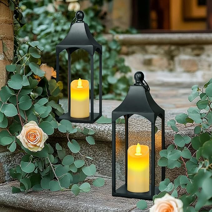 Eufrozy Lanterns Decorative Outdoor Indoor Set of 2 Black Metal Candle Lanterns with Flameless Candle, Modern Farmhouse Lantern Decor for Porch Patio Fireplace Mantle Kitchen Table Christmas Gifts