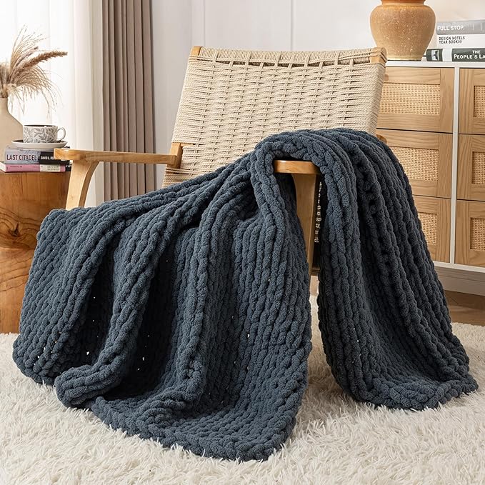 Chunky Knit Blanket Throw, 100% Hand Knit Throw Blanket Handmade Chenille Cable Knit Throw for Couch, Stylish Cozy Soft Rope Knot Crochet Blanket for Home Decor, Blue Mirage, 40x50 Inches
