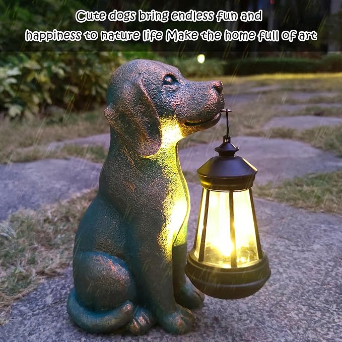 Dog Garden Statues with Solar Lantern Outdoor Decor-Dog Solar Figurines Lights Decorations for Patio Yard Lawn Ornaments-Gifts for Birthday Easter Housewarming