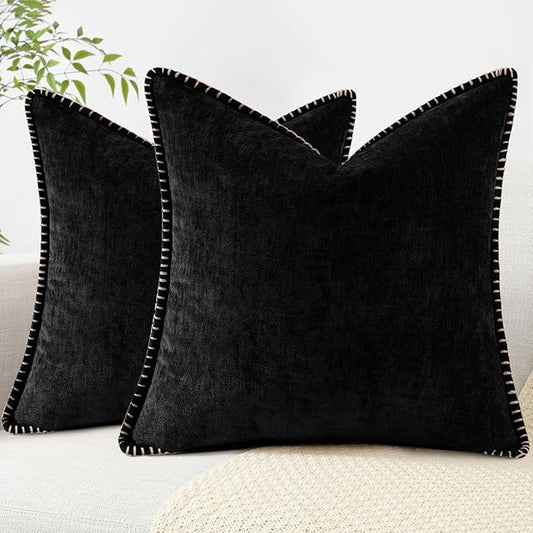 decorUhome Chenille Soft Throw Pillow Covers 18x18 Set of 2, Farmhouse Velvet Neutral Decorative Euro Pillow Covers with Stitched Edge for Couch Sofa Bed Home Decor, Black