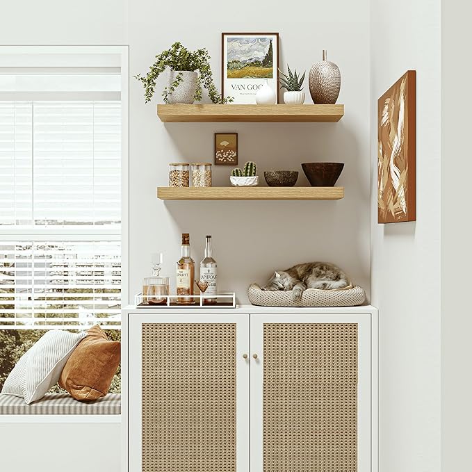 Floating Shelves for Wall 24 inchs Long, 9.2” deep x 1.5” Wall Shelf for Bedroom, Bathroom, Living Room, Kitchen, Office Home Decor, Deep Wood Shelves with Invisible Brackets, Set of 2, Oak