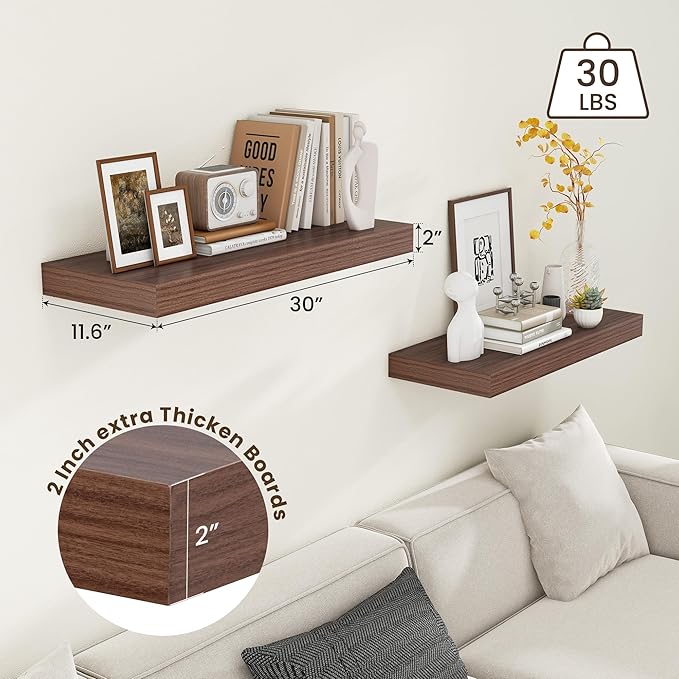 Deep Floating Shelves for Wall | 12 Inch Deep Floating Shelves 30 Inches Long Set of 2 | Rustic Walnut Floating Shelves for Living Room Bathroom Laundry Room Bedroom Kitchen Home Office