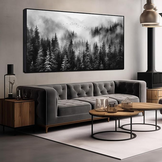 Foggy Forest Wall Art for Living Room Black and White Pictures for Wall Home Office Wall Decor with Black Frame 29 x 58 Inch