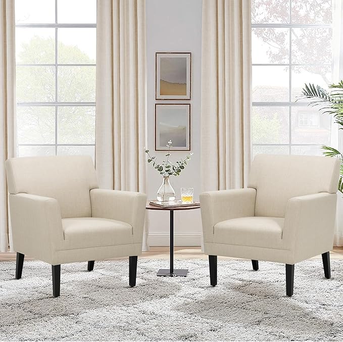 COLAMY Accent Chair Set of 2 for Living Room, Modern Upholstered Fabric Accent Armchair with Back, Soft Single Sofa Chair with Arms for Bedroom/Office/Reception Room, Oatmeal