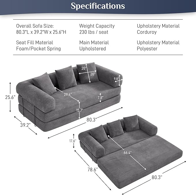Convertible Sleeper Sofa Bed with Pillow, 4-in-1 Corduroy Folding Mattress Couch with Fixed-Shape Frame, Futon Fold Out Floor Sofa Cama Lounge Couch for Living Room Bedroom Studio, Grey