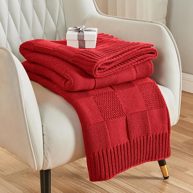 CozeCube Knit Throw Blanket,Christmas Red Checkered Bedroom Blanket for Couch,Soft Cozy Warm Knitted Blanket for Bed Sofa Living Room,Decorative Spring Fall Throw Blanket 60"X80",Christmas Red