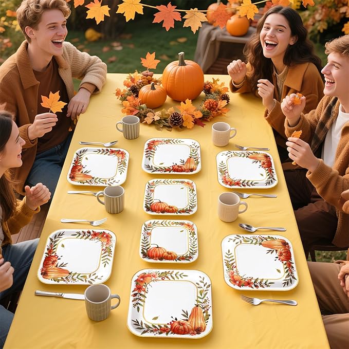 Grencian 200Pcs Fall Plates and Napkins Thanksgiving Plates Pumpkin Flower Wreath Plate Disposable Pumpkin Tableware Fall Party Supplies for Autumn Harvest Thanksgiving Party Decorations, Serves 50