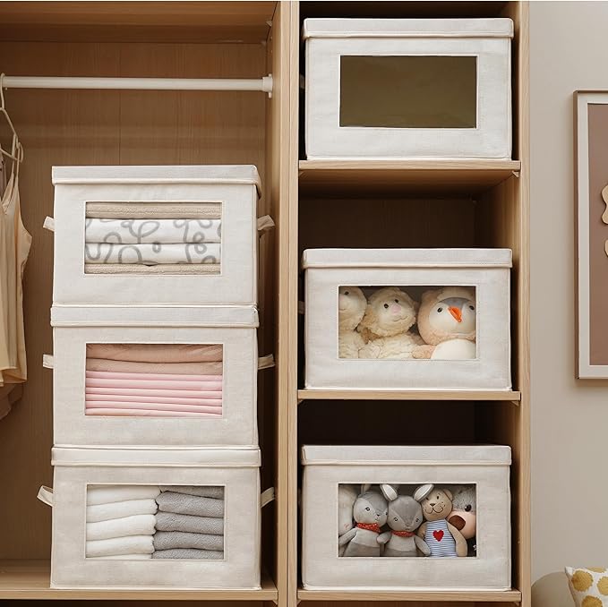 Citylife 3 Pack Storage Bins with Lids, Fabric Foldable Storage Bins with Soft Cord Handles, Canvas Storage Bin with Lid for Organizing Clothes, Blankets and Books, Beige