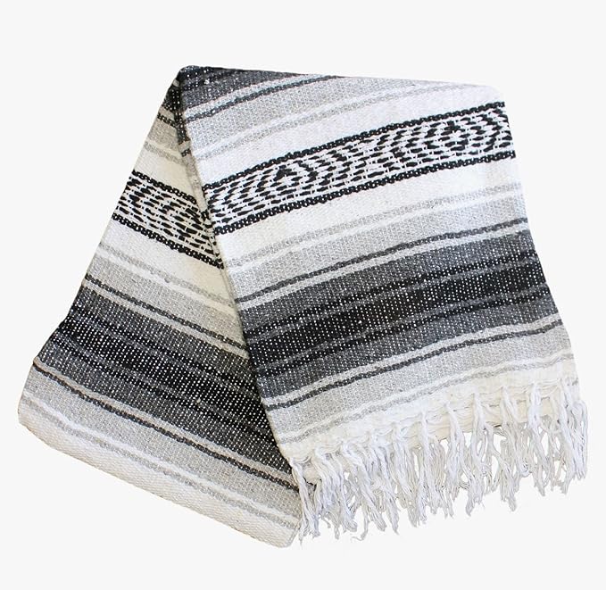 Del Mex Classic Mexican Blanket, Large Authentic Woven Falsa Throw (70"x50"), Artisan Southwest Décor for Beach, Yoga, Outdoors (Gray)