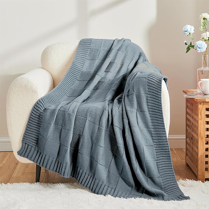 CozeCube Check Knit Throw Blanket, Dusty Blue Checkered Throw for Couch, Decorative Christmas Soft Cozy Warm Knitted Blanket for Bed Sofa Living Room, 60"X80"