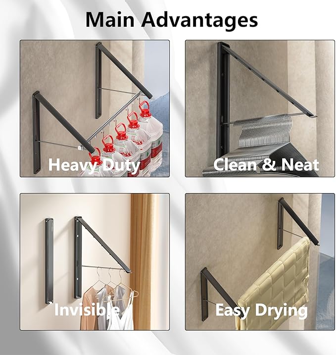 Dr.DJ Clothes Drying Rack with Rod, Wall-Mounted Retractable & Foldable Clothes Hanger for Laundry Room Organization and Storage, Metal Clothes Hanger Rack for Dorm, Closet, Balcony 2Rack, 1Rod Black