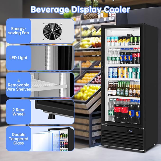 Commercial Beverage Refrigerator, 24.5 Inch 15 Cu. Ft. Drink Fridge, Display Refrigerator with Glass Door, Commercial Display Fridge with 4 Adjustable Shelves, for Shops, Restaurants, Bars