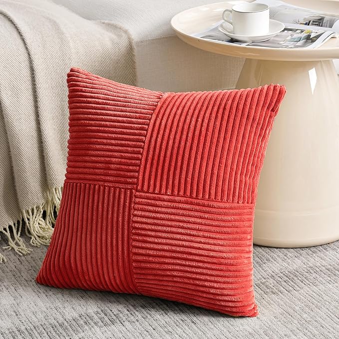 Fancy Homi 2 Packs Red Big Decorative Throw Pillow Covers 24x24 Inch for Couch Bed Sofa, Holiday Christmas Home Decor Gift, Soft Corss Corduroy Patchwork Accent Square Cushion Case 60x60 cm