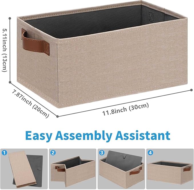 GhvyenntteS Small Fabric Storage Bins 12 Pack, 11.8" x 7.87" x 5.11" Storage Basket with Leather Handles, Closet Storage Bins for Shelves, Storage Baskets for Shelves, DVD Storage (Beige Yellow)