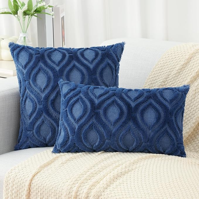 decorUhome Fall Throw Pillow Covers 18x18 Inch Set of 2, Soft Plush Decorative Faux Fur Dark Blue Solid Couch Pillow Covers, Accent Farmhouse Neutral Square Euro Pillow Cases for Sofa Bed Living Room