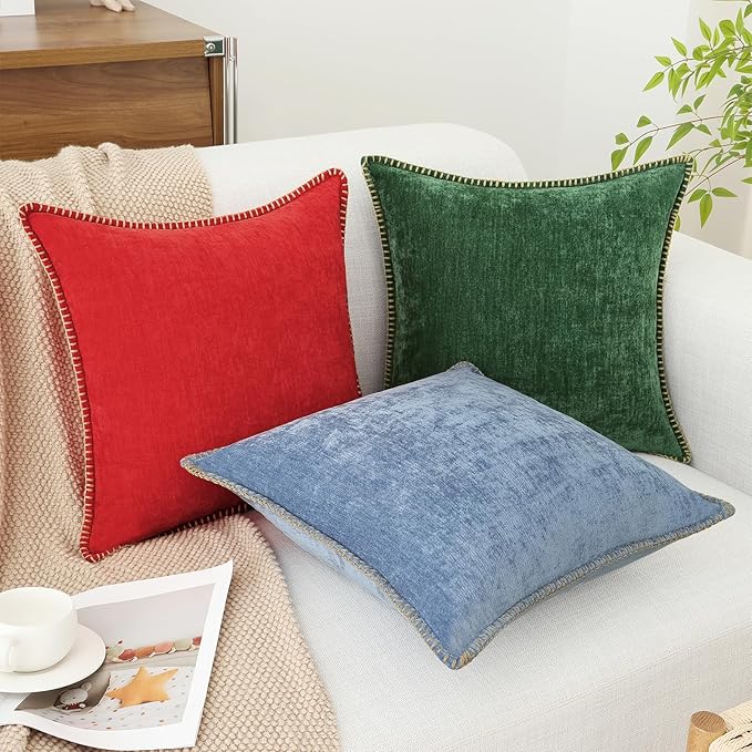 decorUhome Chenille Soft Throw Pillow Covers 20x20 Set of 2, Farmhouse Velvet Neutral Decorative Euro Pillow Covers with Stitched Edge for Couch Sofa Bed Home Decor, Blue