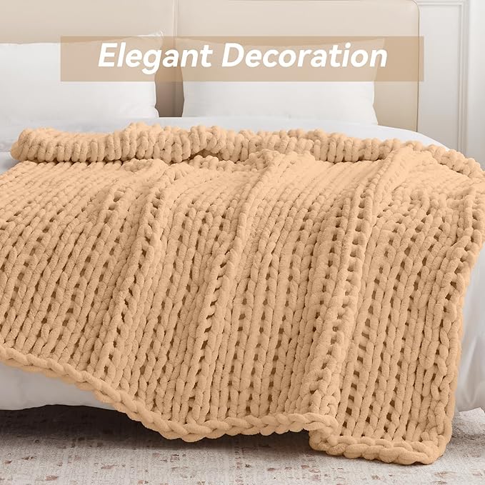 Chunky Knit Throw Blanket, 50''*60'' Knitted Throw Chenille Yarn for Bed Couch, Handmade Beige Crochet Big Thick Blanket, Machine Washable Cute Comfy Blanket for Home Decor