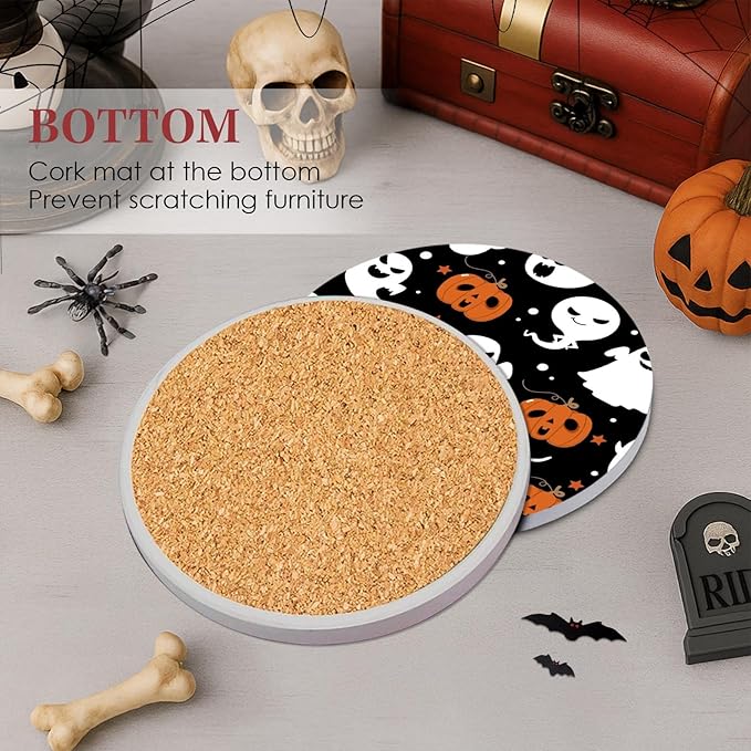 Coaster for Drinks Set of 6, Halloween Ghost Pumpkins Bats Holiday Black Absorbent Round Ceramic Stone Mat, with Cork Base and Metal Holder, Gift for Housewarming Room Bar Decor