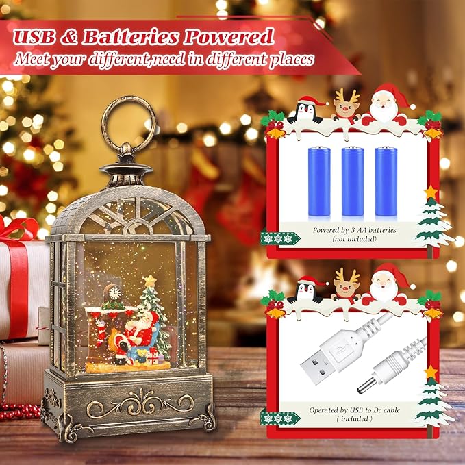 Christmas Snow Globes Lantern,Musical Snow Globe,Christmas Decorations Indoor for Home,Battery Or USB Powered,with 6 Hour Timer,Christmas Lantern for Festival Decoration,Santa Claus