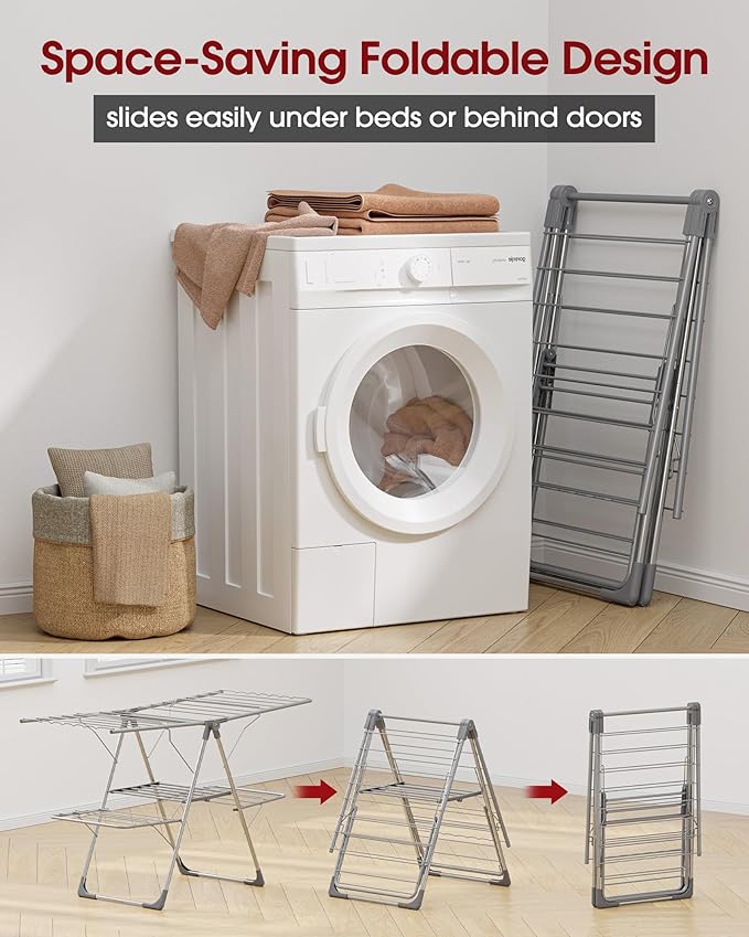 Clothes Drying Rack - Foldable Laundry Drying Rack for Clothing & Bedding, Easy-to-Assemble, Space-Saving Metal Airer with Non-Slip Feet, Indoor & Outdoor Use, 55.5"×22.8"×36.6", Gray