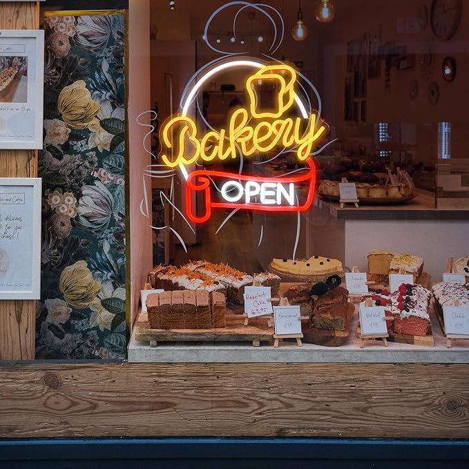 Dimmable Bakery Open Neon Sign USB Open Light Up Sign for Wall Decor Brighter LED Bakery Open Neon Light for Bakery Cake Shop Dessert House Business Decor(12.8 * 12.8 In)