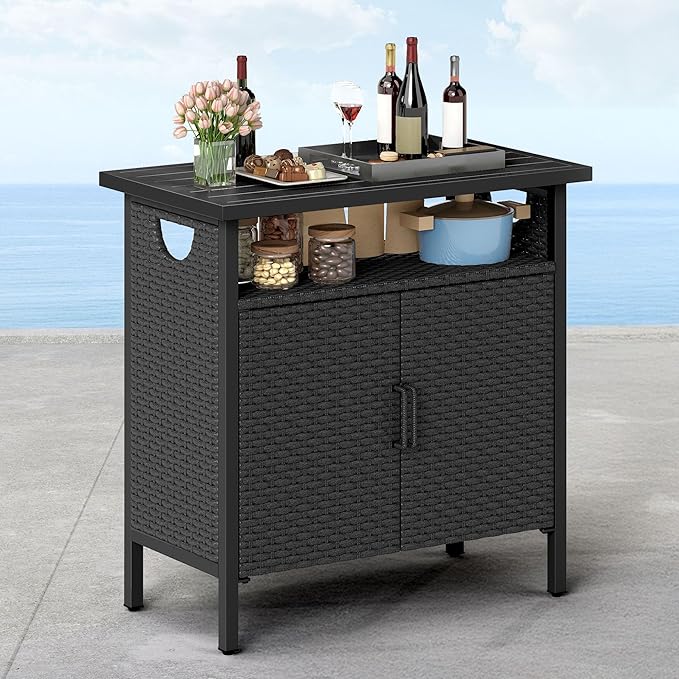 DWVO Patio Storage Cabinet, Outdoor Buffet Cabinet with Two Doors and Shelves, Outdoor Storage Bar Table with PE Rattan for Patio, Backyard, Garden - Black