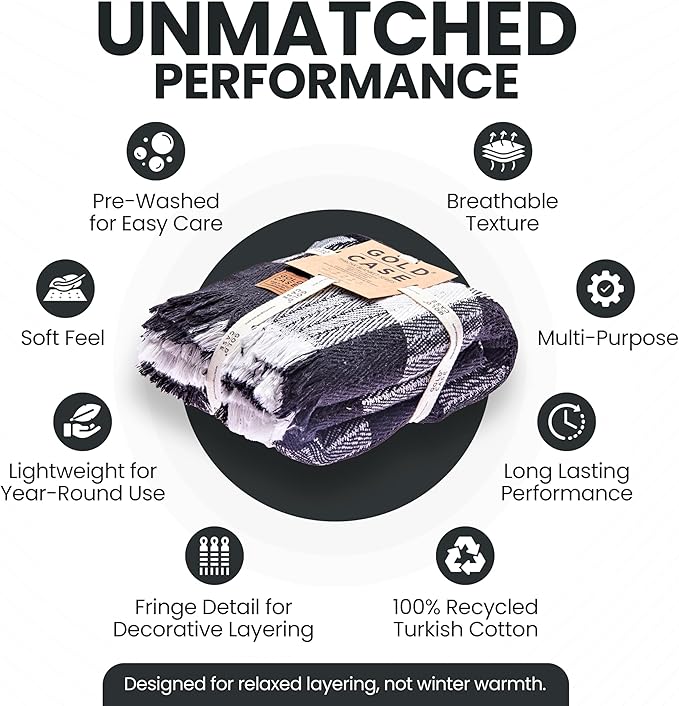 Gold Case Throw Blanket for Couch – 100% Recycled Turkish Cotton Blankets & Throws – Elegant Decorative Throw Blankets for Living Room Sofa – Woven Throws for Couch – Black – 60x80