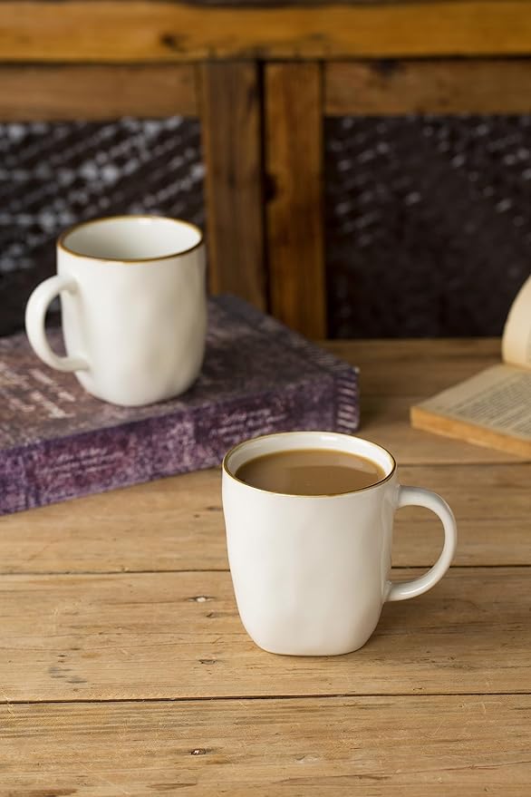 famiware Coffee Mugs Set of 4, Ocean Square 13oz Coffee Cup Set with Handle for Cocoa, Milk, Hot Chocolate, Tea, Water, Stoneware Cups for Kitchen, Microwave and Dishwasher Safe, Vanilla White