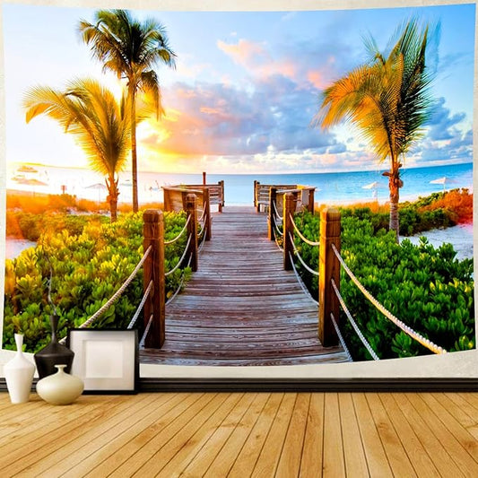 Delur Beach Sunset Tapestry Tropical Seaside Palm Tree Coastal Tapestry Wall Hanging Sunrise Nature Landscape Scenic Psychedelic Headboard for Bedroom Living Room Home Decor (51.2" x 59.1")