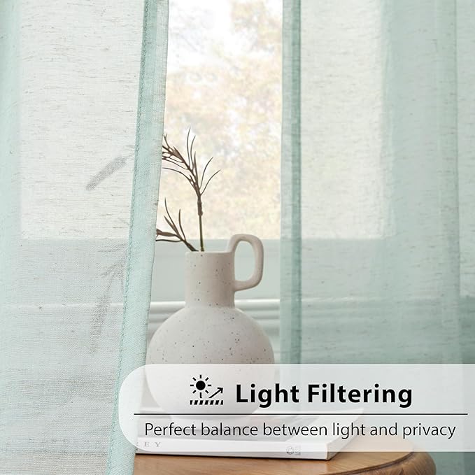 FMFUNCTEX Linen Sheer Curtains for Bedroom, Sage Green Curtains 84 inches Long for Living Room, Farmhouse French Flax Blend Window Draperies, Rod Pocket 2 Panels Set