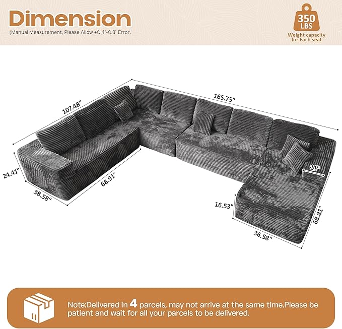 Cloud Sectional Couches for Living Room,U Shaped Modular Sofas No Assembly,165x107 Inches Plush Corduroy Oversized Floor Couch Set with Deep Seat Chaise,Grey