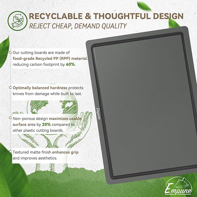 Empune Plastic Cutting Board Set, Recycled Plastic Cutting Boards for Kitchen (Set of 3), Dishwasher Safe Large Chopping Board with Holder, Non-slip Feet and Juice Grooves, Nonporous, Grey