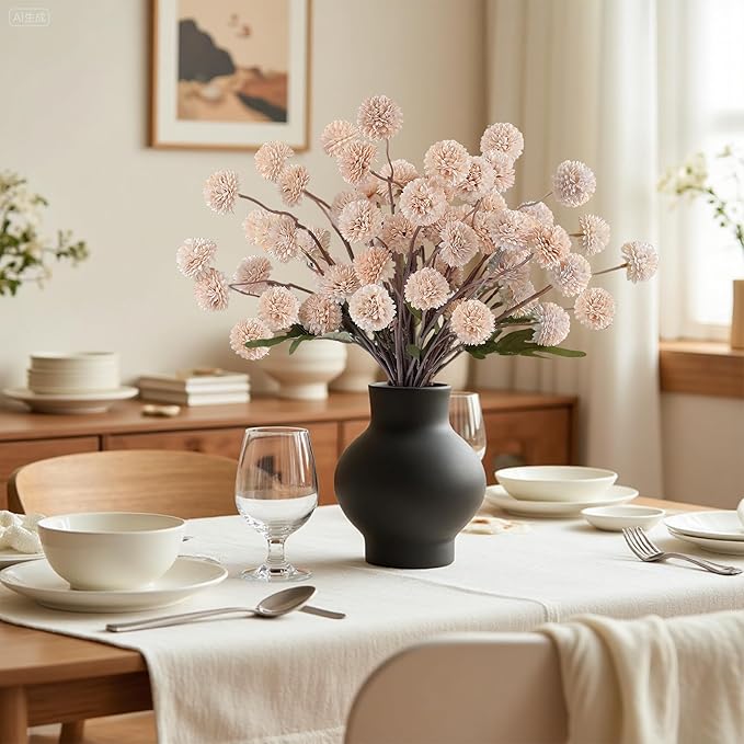 Faux Beige Kiku Flowers 10 Stems & 2 Eucalyptus, Fake Mums Pompon Flower Ball, Autumn Artificial Chrysanthemums Flowers for Boho Bedroom Decor, Silk Mini Faux Kiku Flower Wedding Arrangements Decor