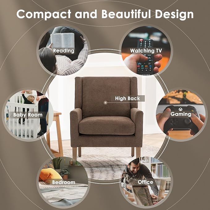 COLAMY Modern Wingback Living Room Chair, Upholstered Fabric Accent Armchair, Single Sofa Chair with Lounge Seat and Wood Legs for Bedroom/Office/Reading Spaces, Brown