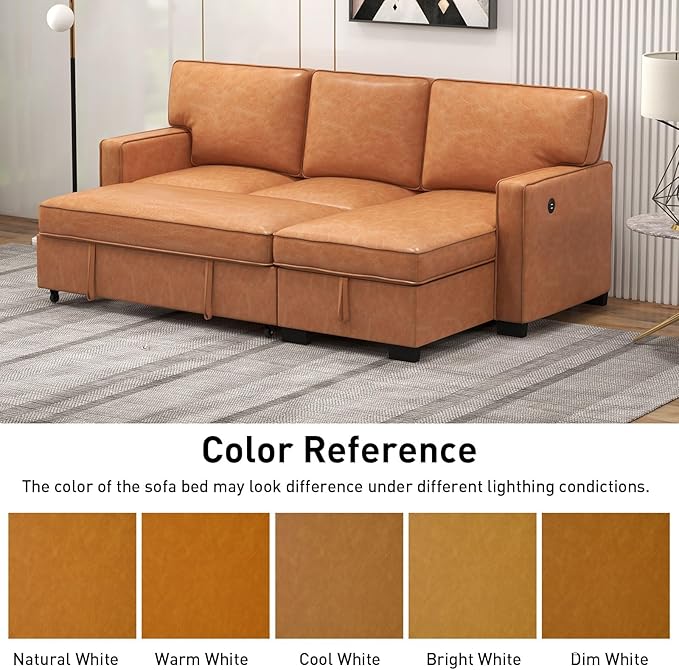 EBELLO Convertible Sleeper Sofa 3 in 1, Faux Leather Modern L-Shaped Couches for Living Room, Pull Out Sectional Futon Sofa Bed with Storage Space, USB Ports and Cup Holders for Bedroom, Brown