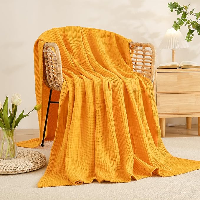 EMME Cotton Throw Blanket for Couch Soft Muslin Blankets 50"x60" Lightweight Breathable Blanket All Season Gauze Blanket, Mustard Yellow
