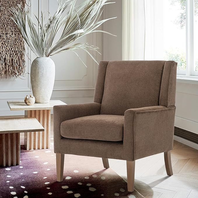 COLAMY Modern Wingback Living Room Chair, Upholstered Fabric Accent Armchair, Single Sofa Chair with Lounge Seat and Wood Legs for Bedroom/Office/Reading Spaces, Brown