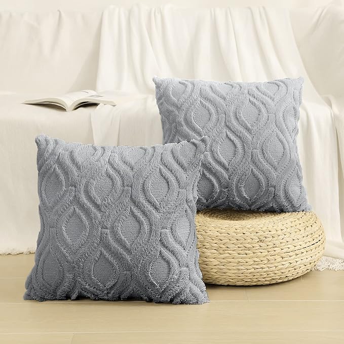 decorUhome Fall Throw Pillow Covers 16x16 Inch Set of 2, Soft Plush Decorative Faux Fur Grey Solid Couch Pillow Covers, Accent Farmhouse Neutral Square Euro Pillow Cases for Sofa Bed Living Room