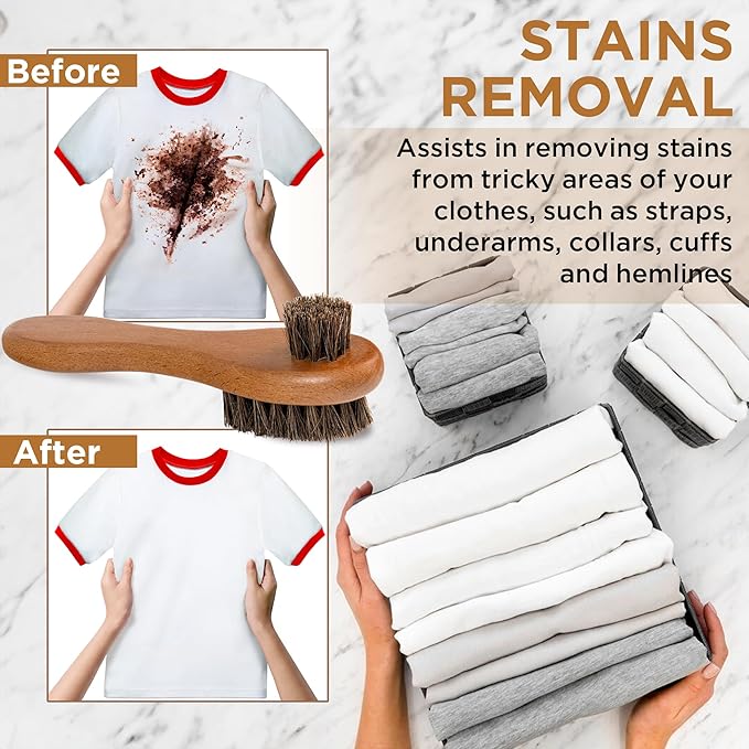 DUGATO Dual-Bristle Horsehair Laundry Stain Brush Set (2pcs) - Gentle & Tough Scrubbing for Clothes, Fabrics, Shoes - Pre-Wash Spot Treatment Tool